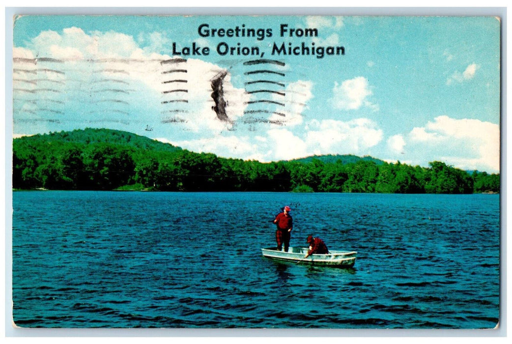 1961 Two Men Boat Canoeing Greetings from Lake Orion Michigan MI Postcard