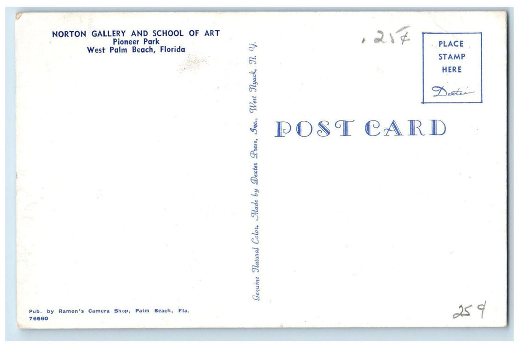 c1950's Norton Gallery School of Art Pioneer Park West Palm Beach FL Postcard