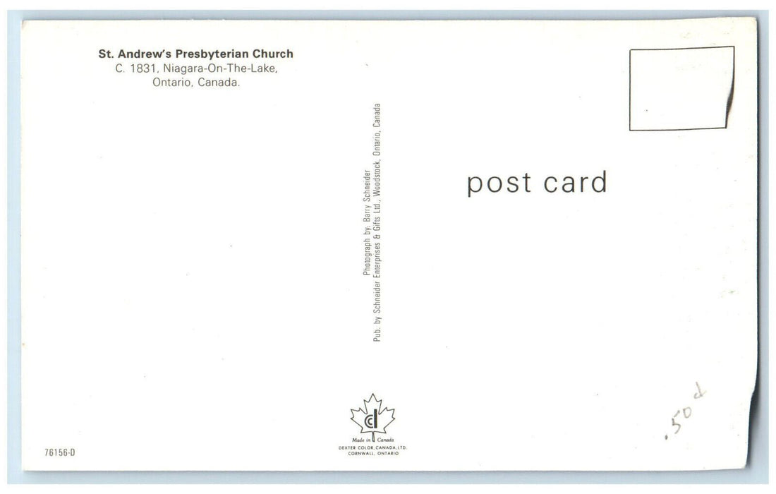 c1950's St. Andrew's Presbyterian Church Niagara on the Lake Canada Postcard