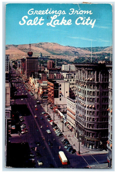 1959 Main Street Aerial View Greetings from Great Salt Lake UT Postcard