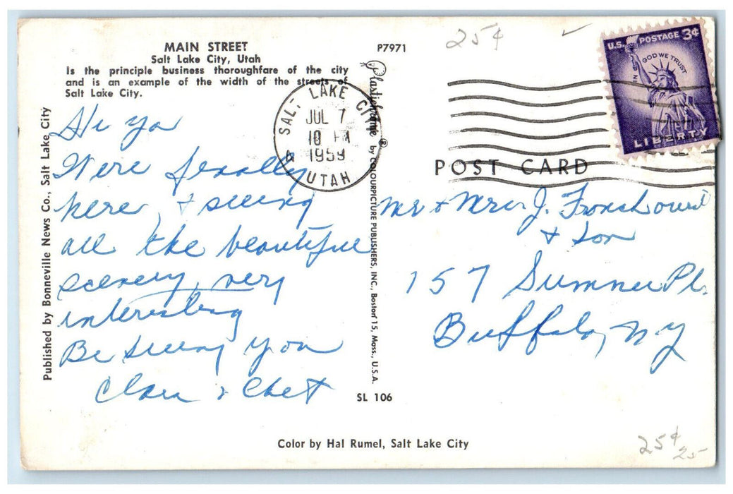 1959 Main Street Aerial View Greetings from Great Salt Lake UT Postcard