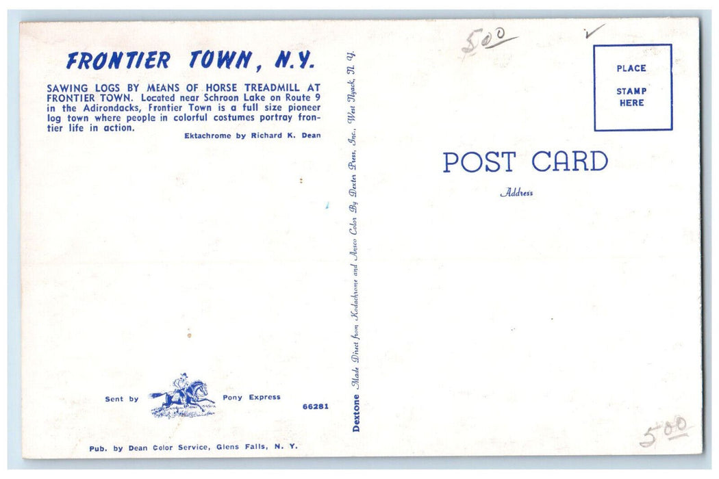 c1950's Sawing Logs By Means of Horse Treadmill at Frontier Town NY Postcard