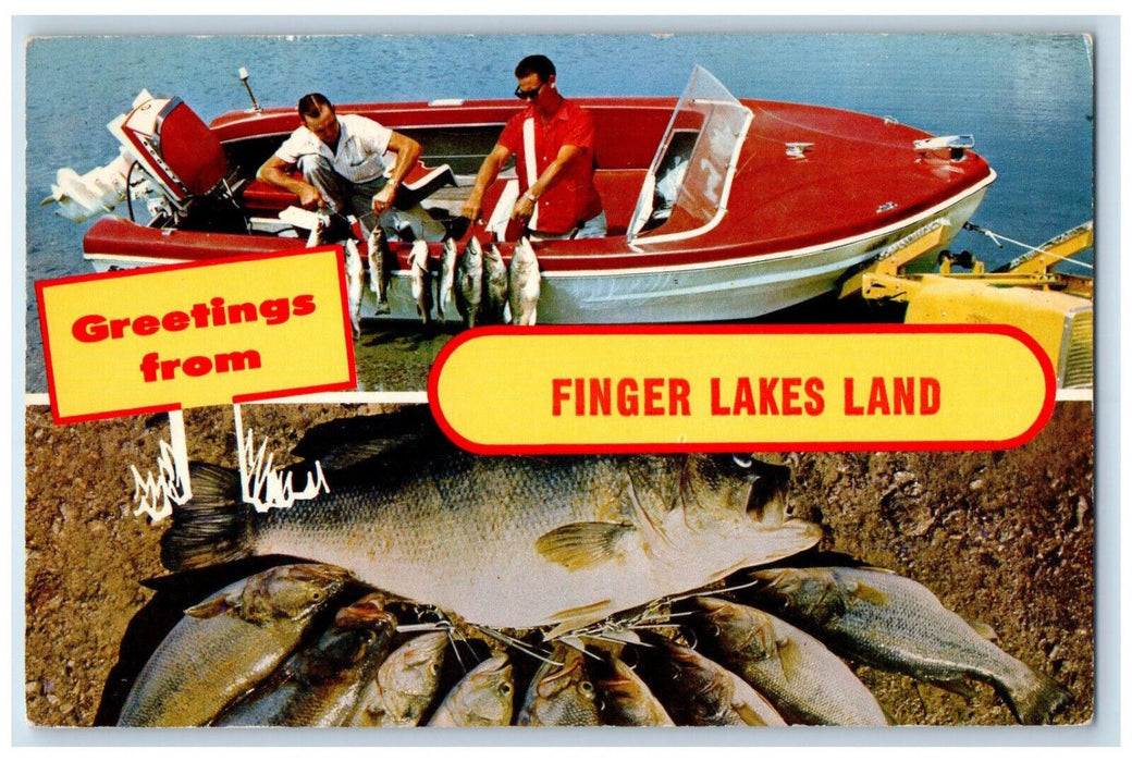1964 Fish Caught Motorboat Fishermen Greetings from Finger Lakes Land Postcard
