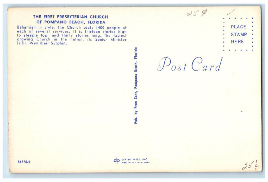 c1960's The First Presbyterian Church of Pompano Beach Florida FL Postcard