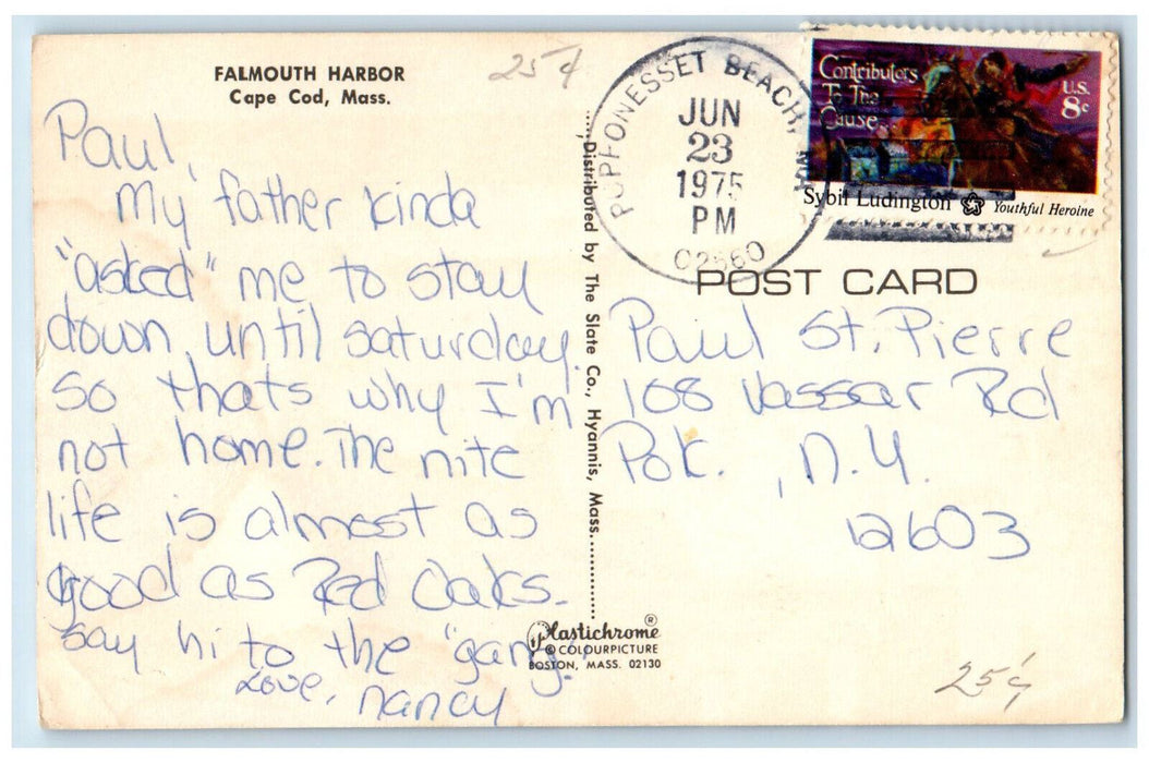1975 Yacht Boat Scene at Falmouth Harbor Cape Cod Massachusetts MA Postcard