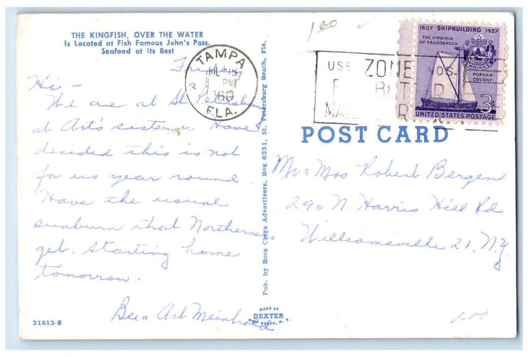 1960 Dining The Kingfish Over The Water Located at John Pass. Tampa FL Postcard
