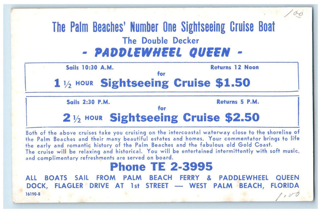 c1950's Cruise Boat Palm Beaches Attraction Palm Beach FL Advertising Postcard