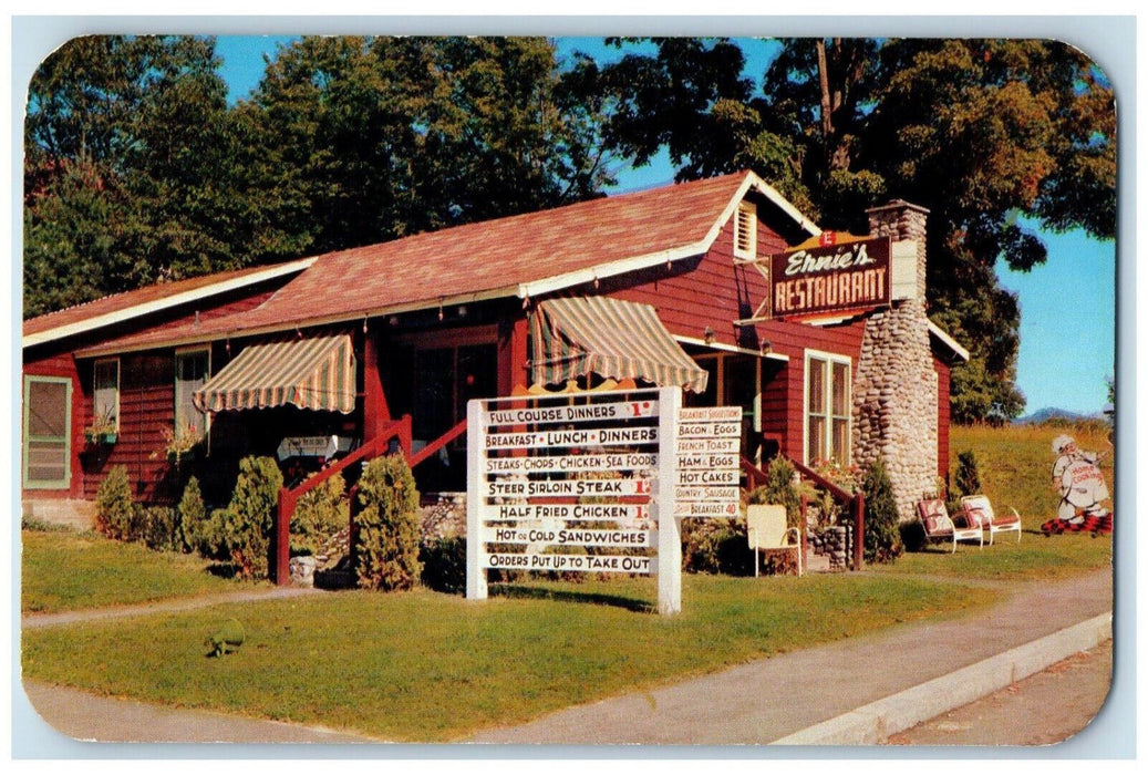 c1950's Menu at Ernie's Restaurant North Woodstock New Hampshire NH Postcard
