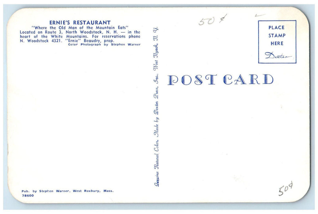 c1950's Menu at Ernie's Restaurant North Woodstock New Hampshire NH Postcard