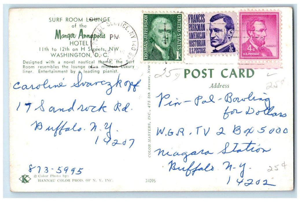 1974 Surf Room Lounge of Manger Annapolis Hotel Washington DC Postcard