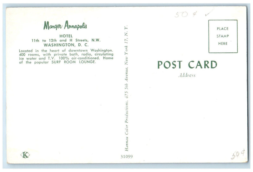c1960's Manger Annapolis Hotel In The Heart of Downtown Washington DC Postcard