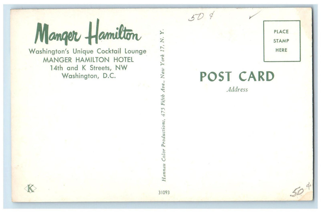 c1960's Interior Dining Manger Hamilton Cocktail Lounge Washington DC Postcard