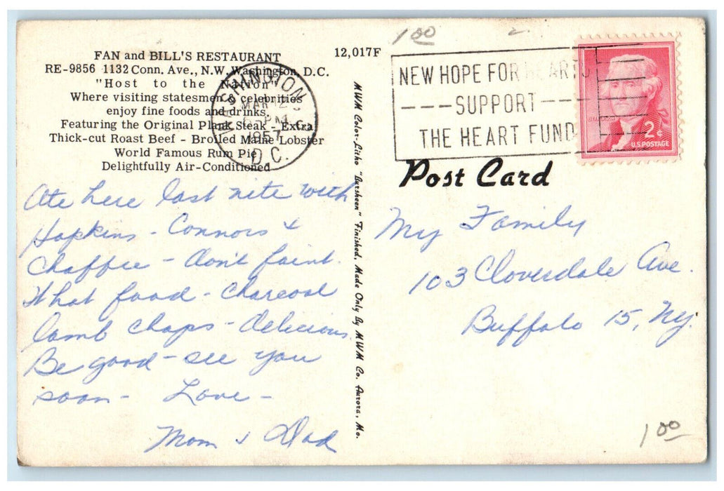1957 Fan and Bill's Restaurant Washington DC Multiview Vintage Postcard
