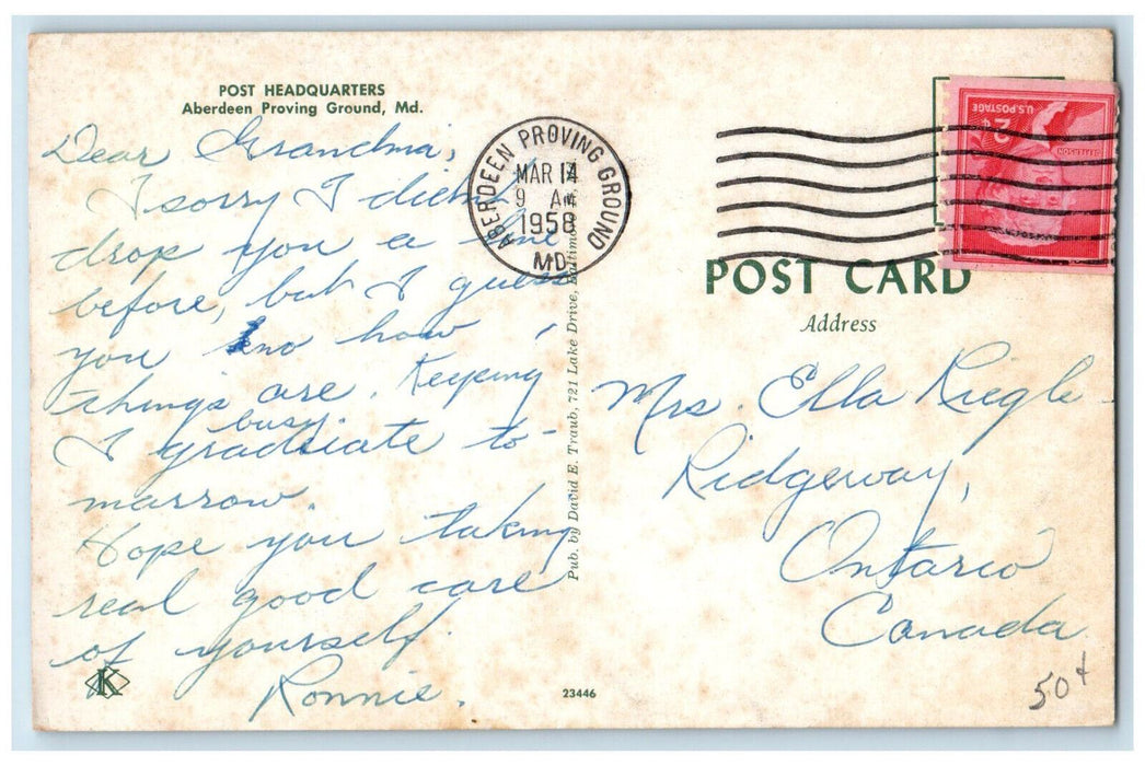 1958 Post Headquarters Aberdeen Proving Ground Maryland MD Vintage Postcard