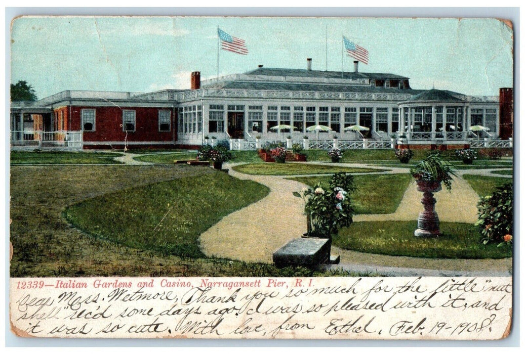 1908 Italian Gardens And Casino Narragansett Pier Rhode Island RI Postcard