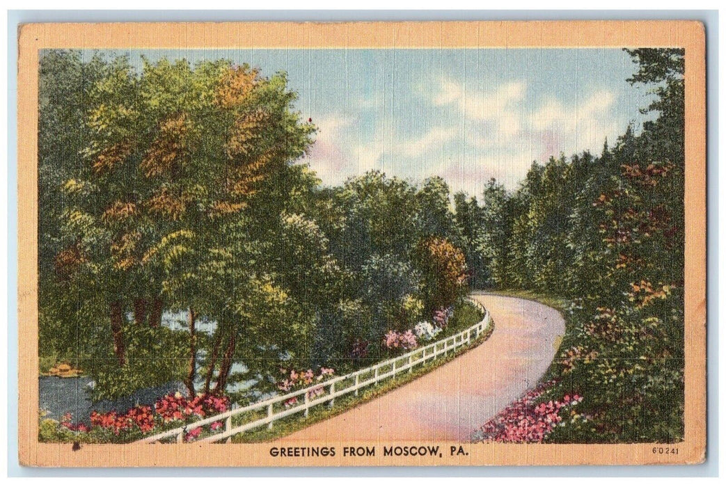 c1930's Greetings From Moscow Pennsylvania PA, Curve Road Trees View Postcard