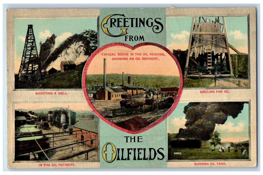 1914 Greetings From The Oilfields Showing An Oil Refinery Bradford PA Postcard