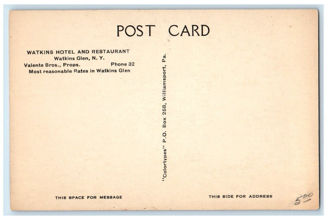 c1930's Watkins Hotel And Restaurant Cars Watkins Glen New York NY Postcard
