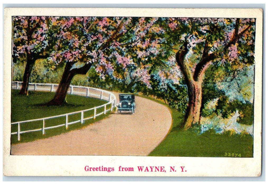 c1930's Greetings From Wayne New York NY, Curve Road Car And Trees Postcard