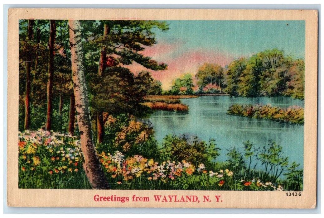 1948 Greetings From Wayland New York NY, Lake And Flowers View Postcard