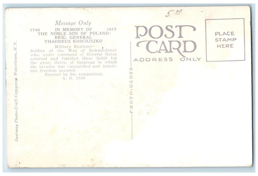 c1920 Kosciuszko Memorial Bemis Heights Saratoga Battlefield Monument Postcard