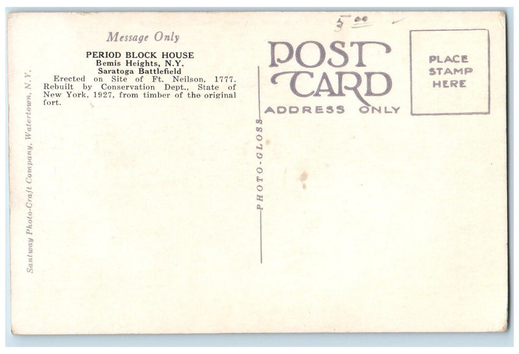 1940 Block House Site Ft. Neilson Bemis Heights Saratoga Battlefield NY Postcard