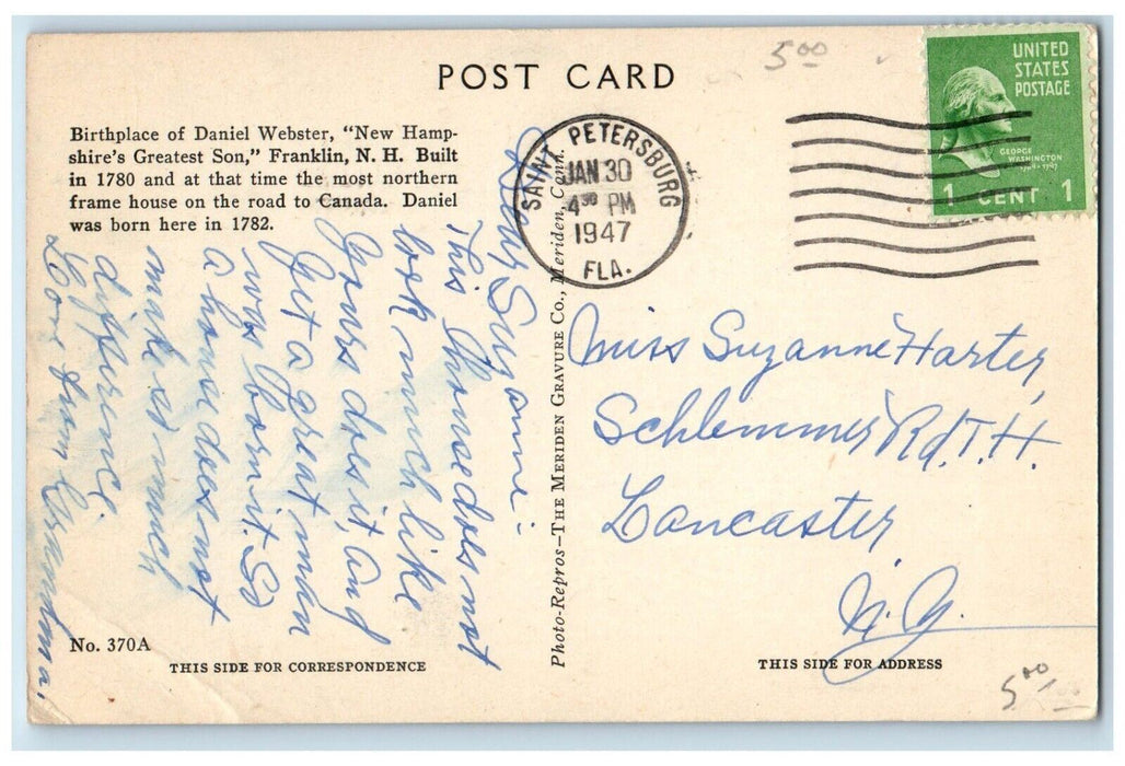 1947 Birthplace Of Daniel Webster Franklin New Hampshire NH Vintage Postcard