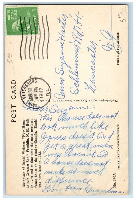 1947 Birthplace Of Daniel Webster Franklin New Hampshire NH Vintage Postcard