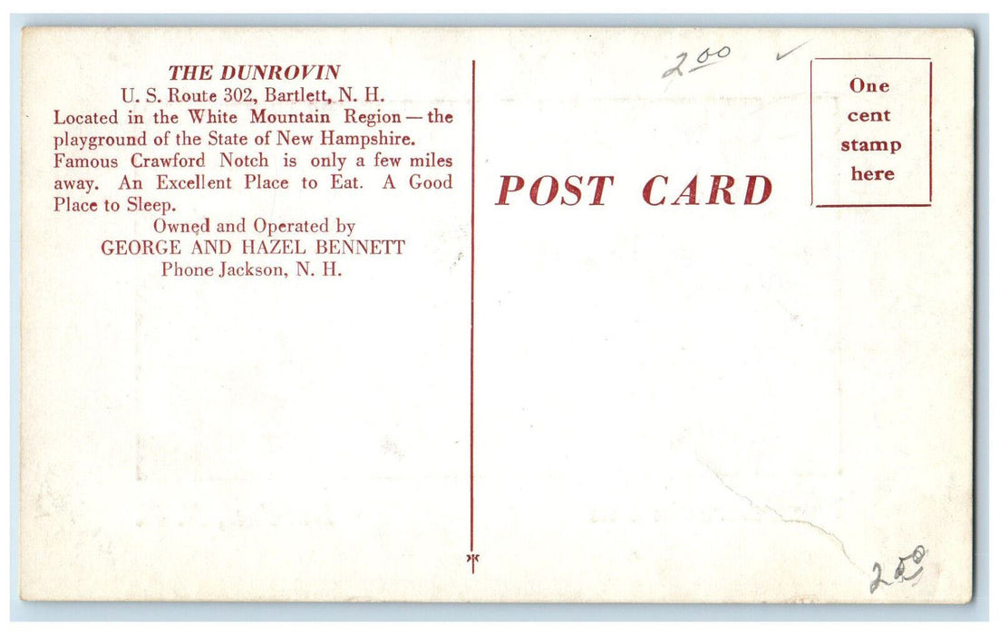 c1950's The Dunrovin Inn Barlett In White Mountain New Hampshire NH Postcard