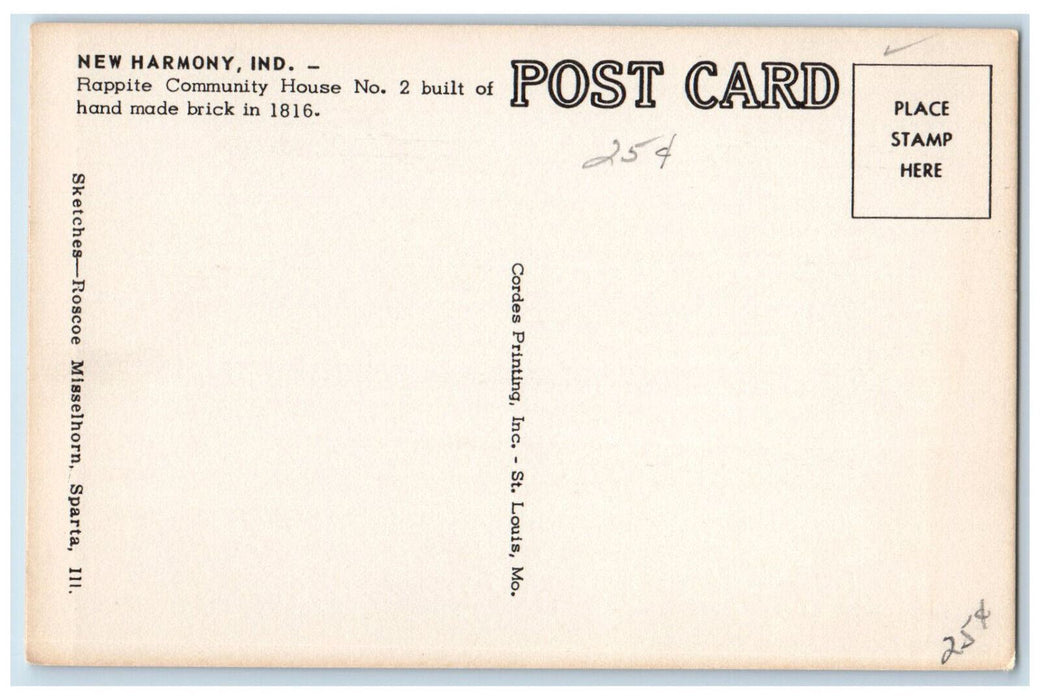 c1910 Rappite Community House No.2 New Harmony Indiana IN Unposted Postcard