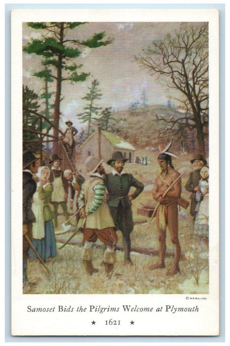 c1920's Samoset Bids the Pilgrims Welcome at Plymouth Massachusetts MA Postcard