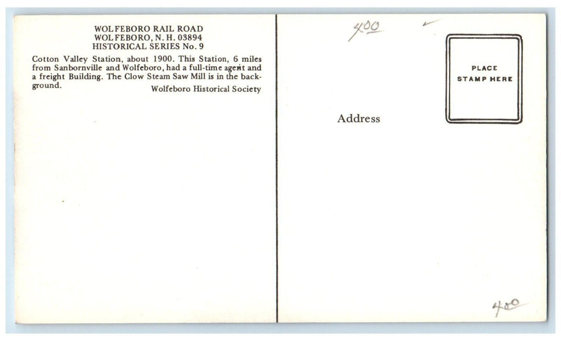 Wolfeboro Railroad Cotton Valley Station Wolfeboro New Hampshire NH Postcard
