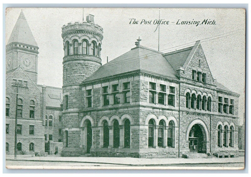 1910 The Post Office Building Street View Lansing Michigan MI Antique Postcard