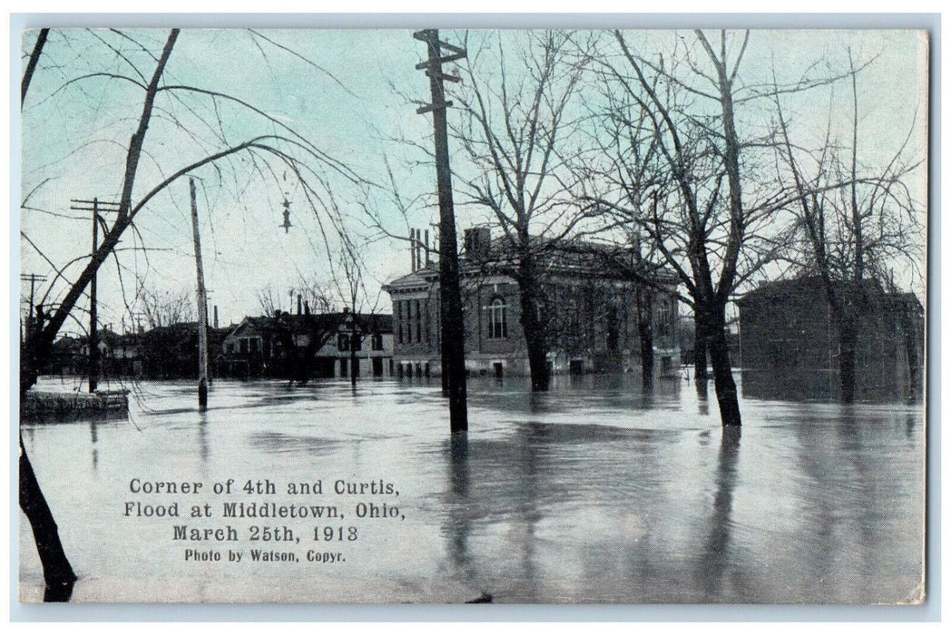 1913 Corner of 4th and Curtis Flood at Middletown Ohio OH Antique Postcard