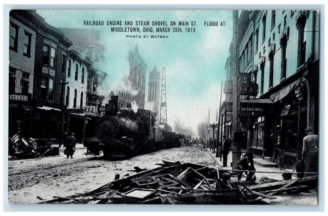 1913 Railroad Engine Steam Shovel Main Street Flood at Middletown OH Postcard