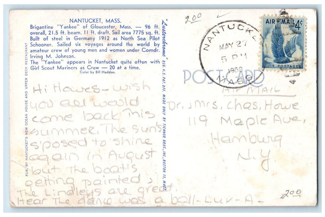 1958 Brigantine Yankee of Gloucester Massachusetts MA Nantucket MA Postcard