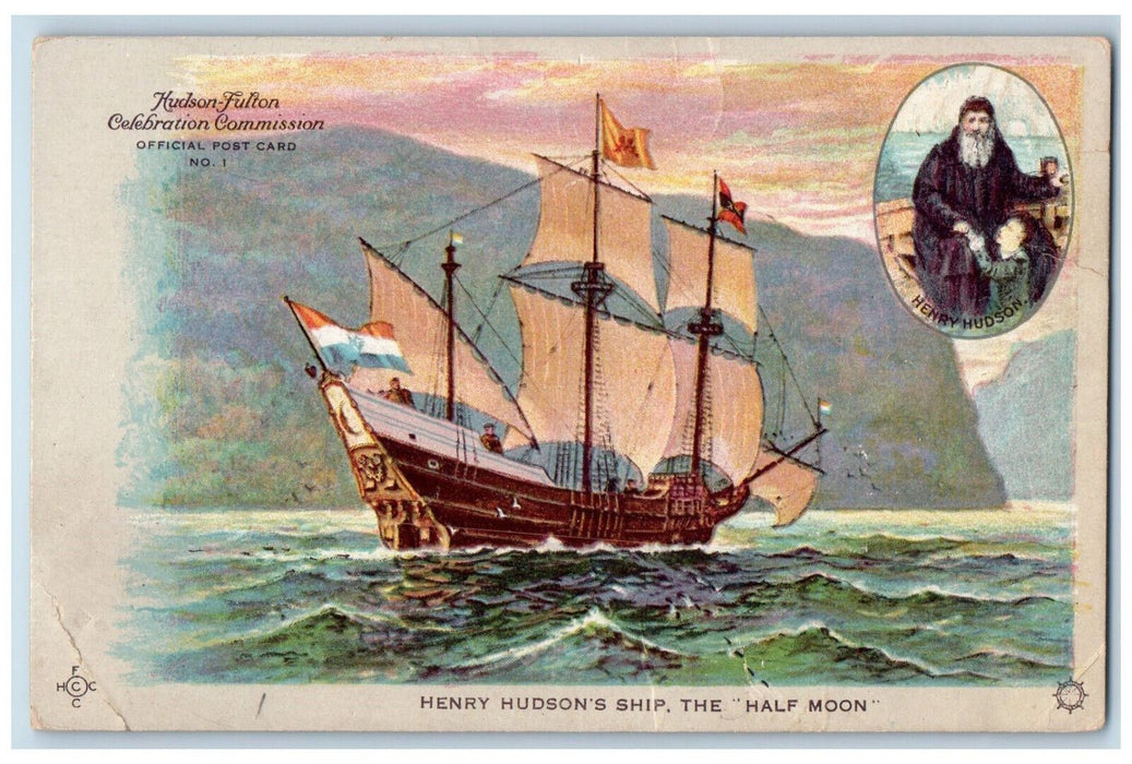 c1910 Hudson-Fulton Celebration Commission Ship Half Moon Hudson NY Postcard