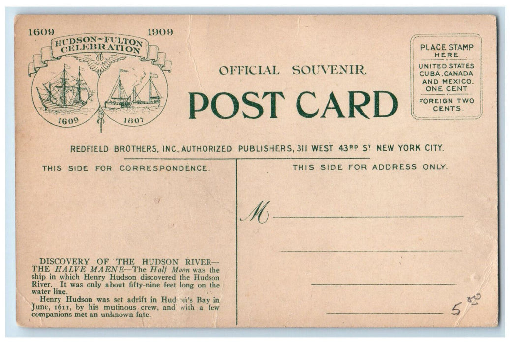 c1910 Hudson-Fulton Celebration Commission Ship Half Moon Hudson NY Postcard