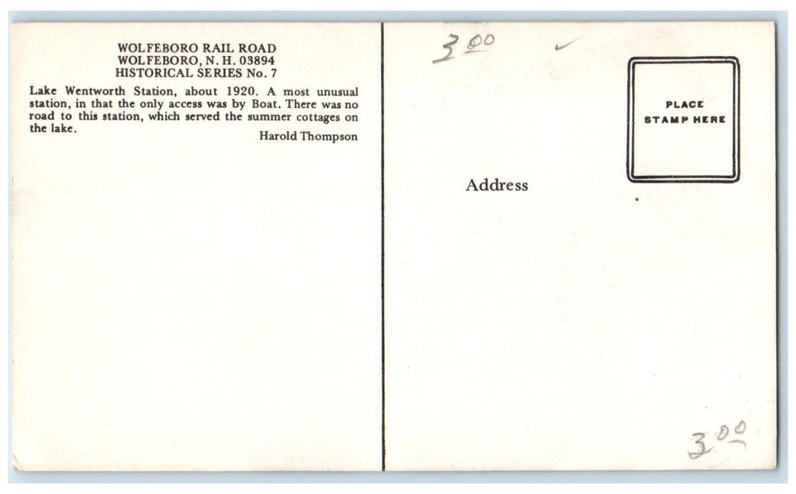 Wolfeboro NH, Wolfeboro Railroad Train Lake Wentworth Station Unposted Postcard