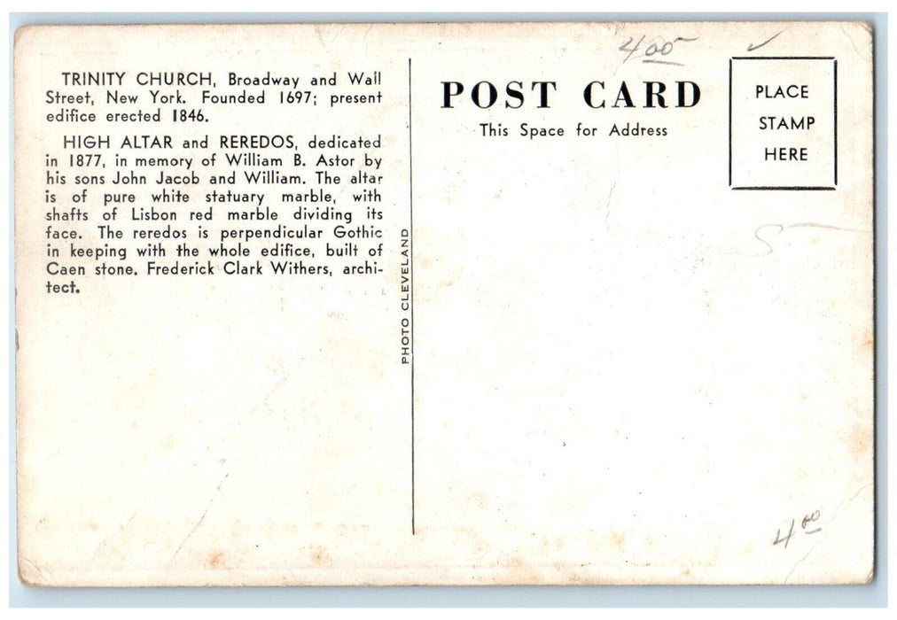c1920  Trinity Church Broadway Wall Street High Altar Reredos New York Postcard