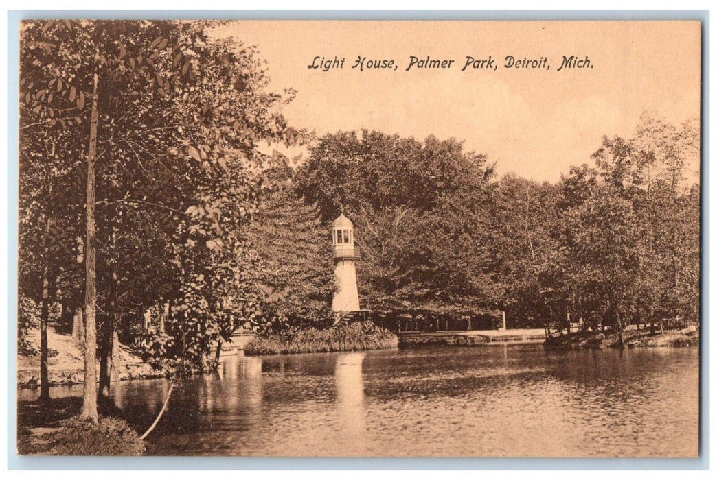 c1910 Light House Palmer Park Lake River Trees Detroit Michigan Vintage Postcard