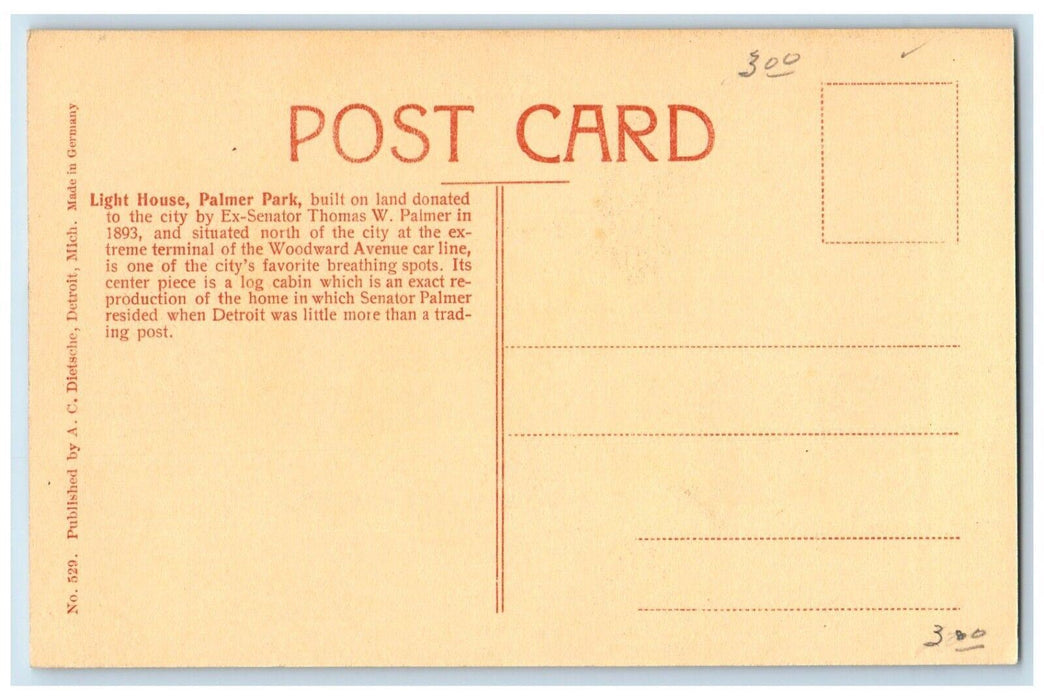 c1910 Light House Palmer Park Lake River Trees Detroit Michigan Vintage Postcard