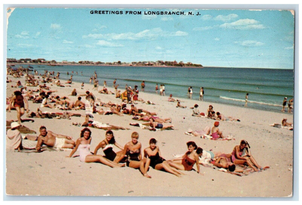 1955 Greetings From Longbranch New Jersey NJ, Enjoying Sun Surf Postcard