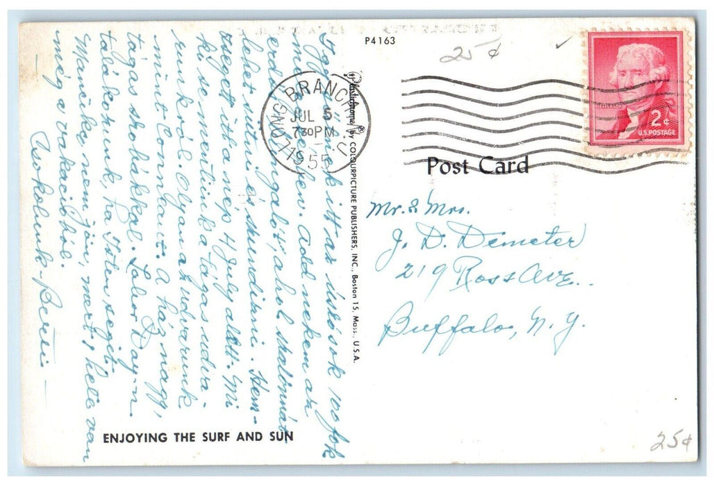 1955 Greetings From Longbranch New Jersey NJ, Enjoying Sun Surf Postcard