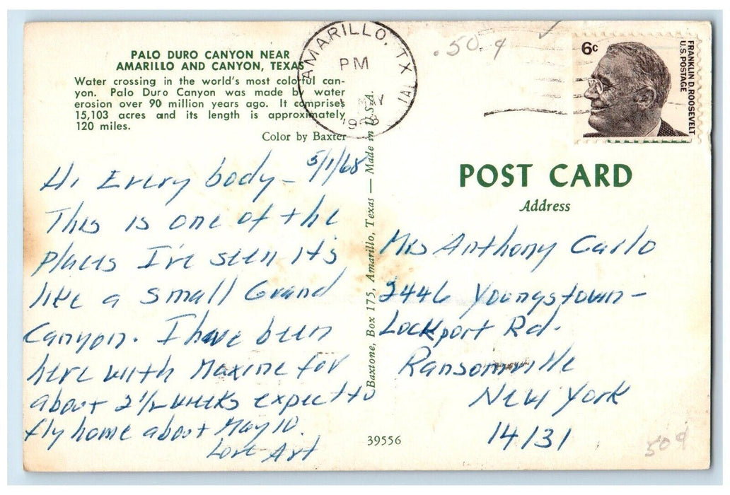 1968 Palo Duro Canyon Near Amarillo And Canyon Texas TX, Car Road Scene Postcard