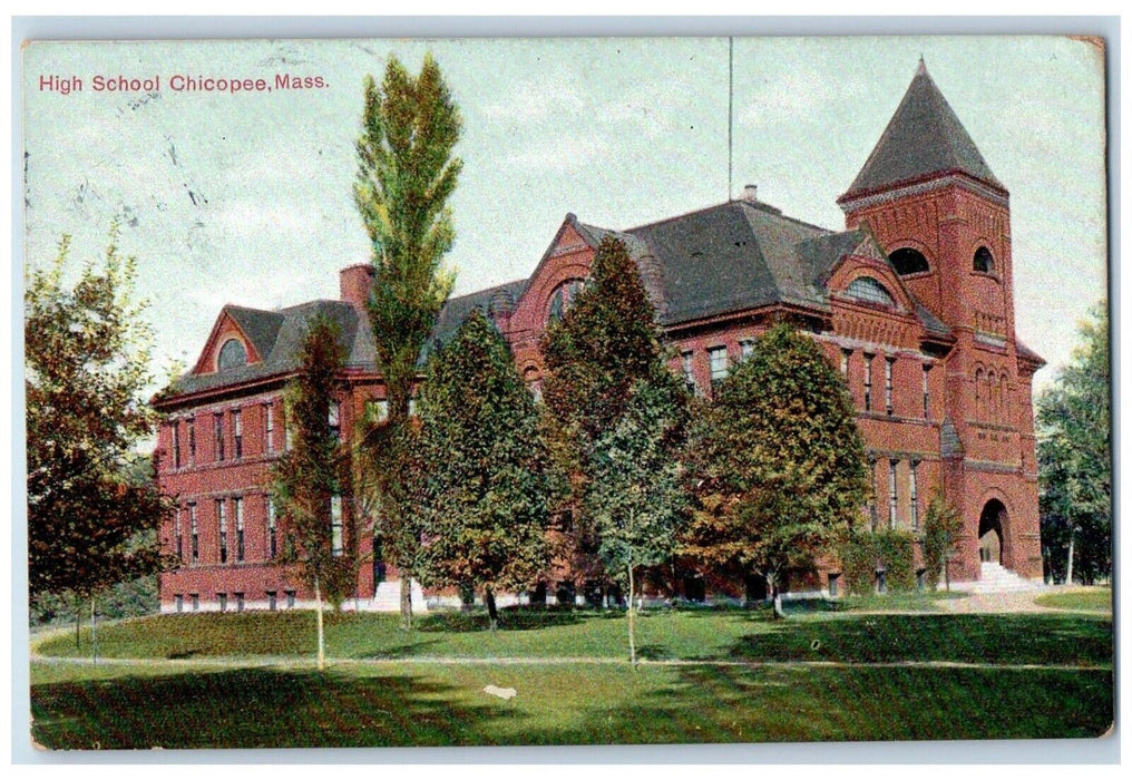 1909 High School Building Campus Chicopee Massachusetts MA Antique Postcard