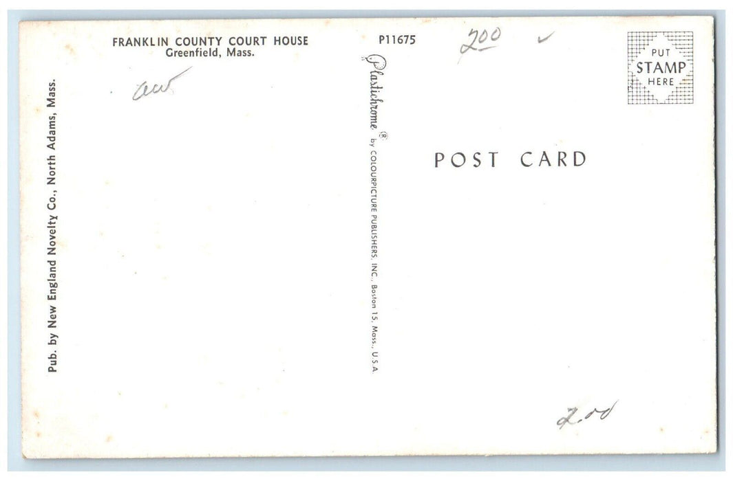Franklin Country Court House Greenfield Massachusetts MA Vintage Postcard