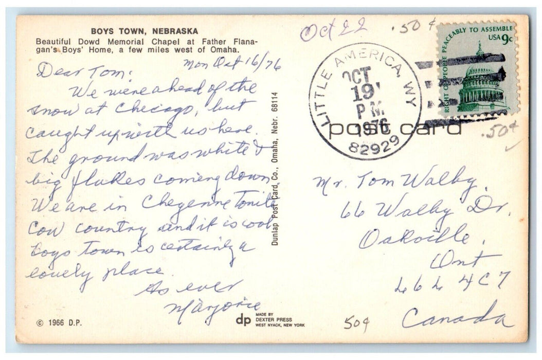 1976 Down Memorial Chapel Boys Town Nebraska NE, Little America WY Postcard