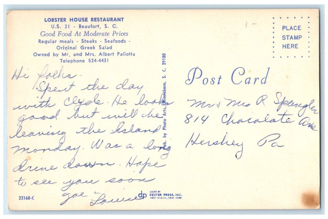 c1950's Lobster House Restaurant Cars Beaufort South Carolina SC Posted Postcard