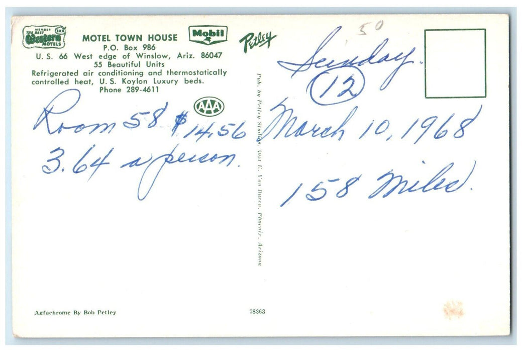 1956 Motel Town House Entrance Cars Winslow Arizona AZ Posted Vintage Postcard
